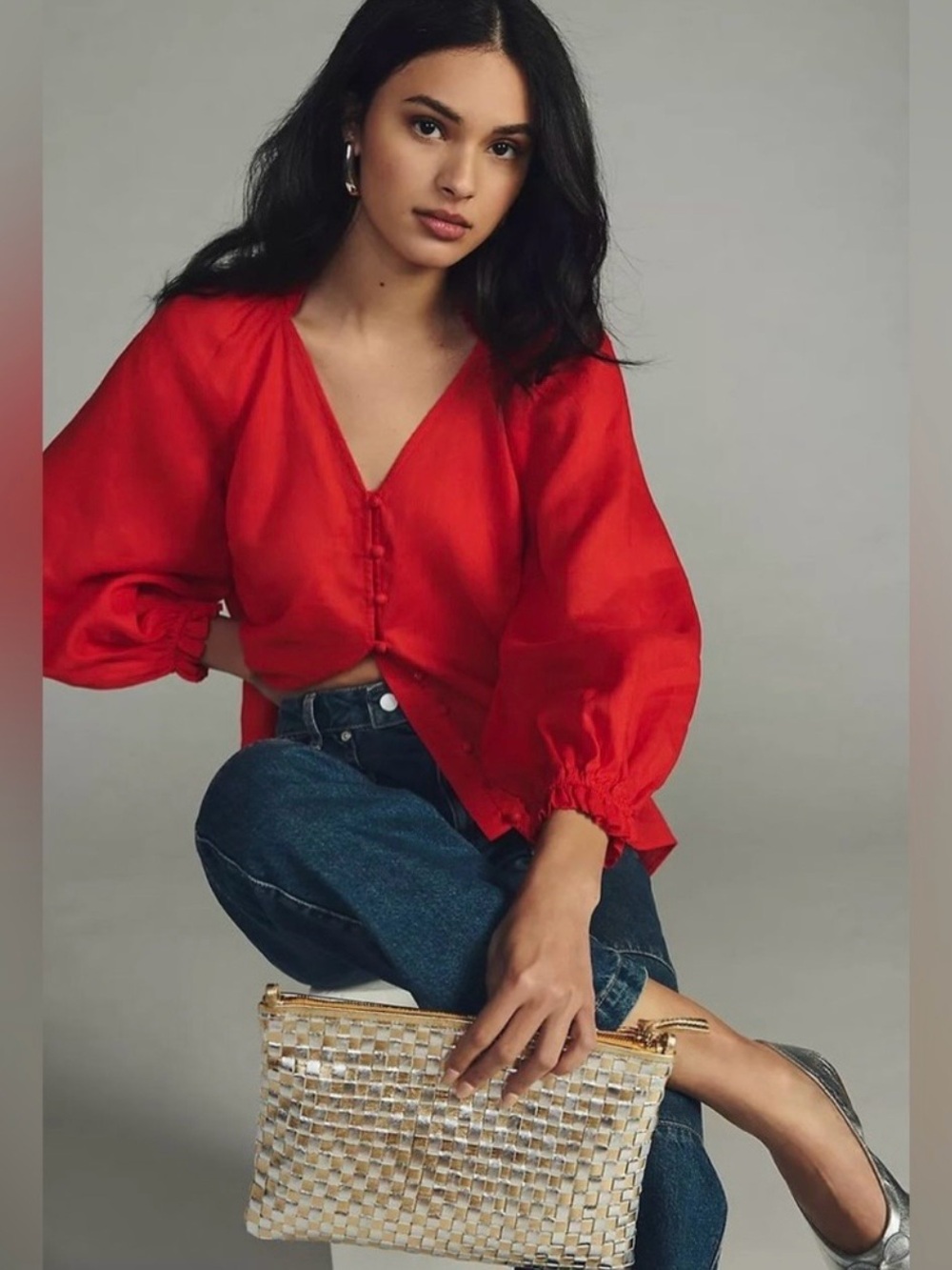 Maeve Anthropologie Linen The Audie Puff
Blouse Red Size Small